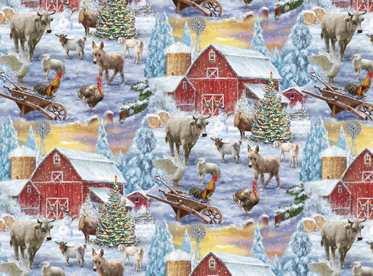 Frosty Snowman on the Farm Animals Allover David Textiles Cotton Fabric DT-AL-6000-3C-1
