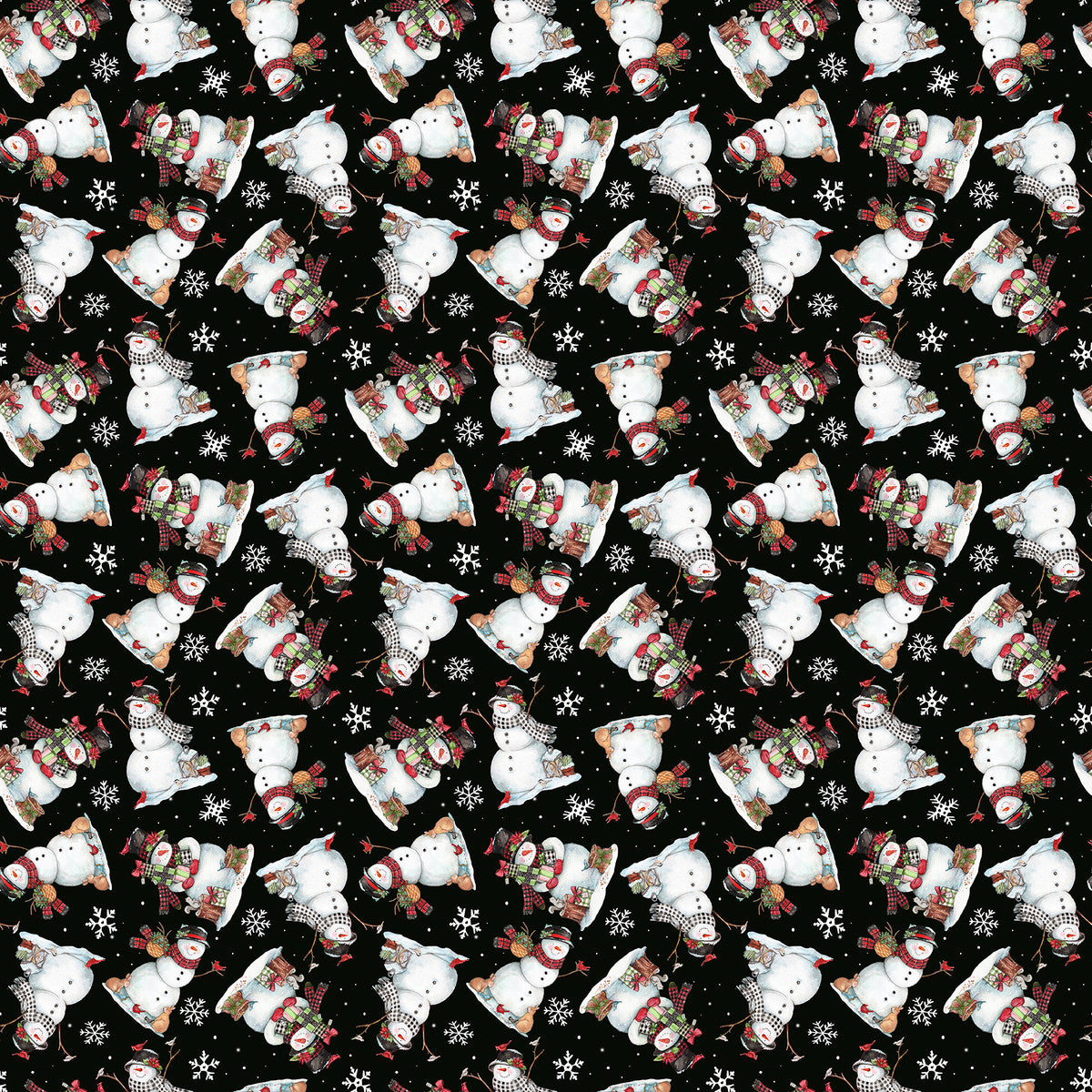 Frosty Hollow Snowman Toss Black Melinda Hipsher 3 Wishes Cotton Fabric 3W-24599-BLK