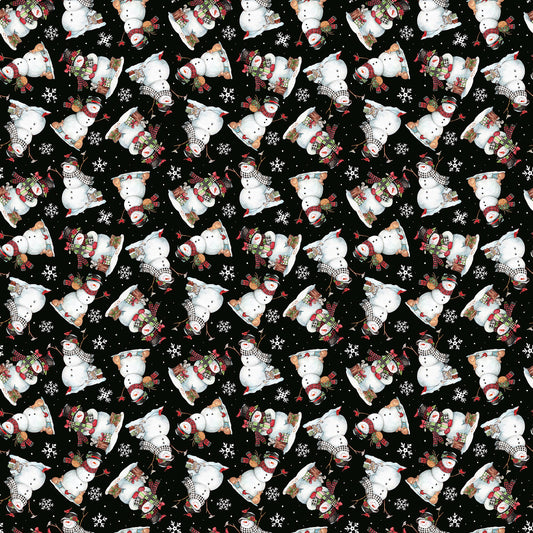 Frosty Hollow Snowman Toss Black Melinda Hipsher 3 Wishes Cotton Fabric 3W-24599-BLK