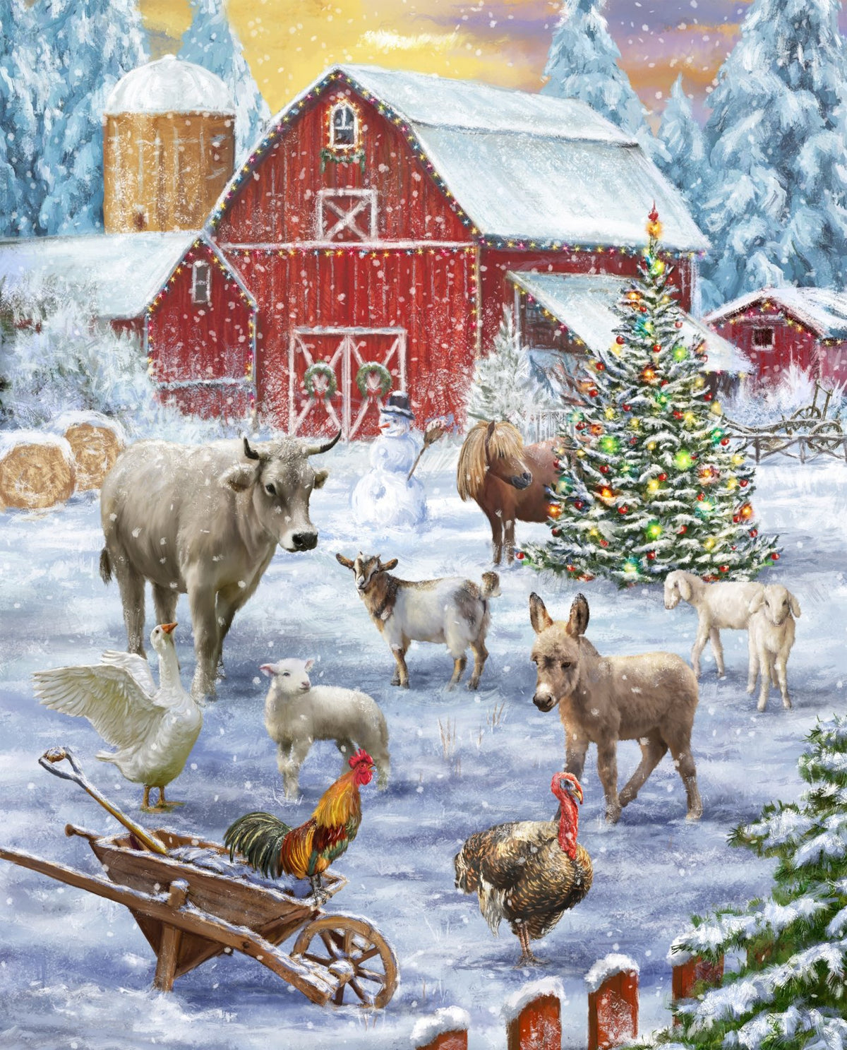 Frosty Snowman on the Farm Animals Panel 35.5" David Textiles Cotton Fabric DT-AL-5996-3C-1