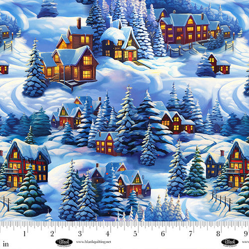 Frostykins Scenic Winter Village Blue Ray Heere Blank Quilting Cotton Fabric BQ-4267-75