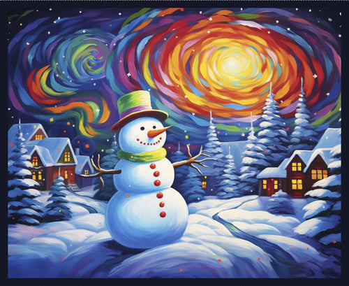 Frostykins Snowman with Village Panel 36" Blue Ray Heere Blank Quilting Cotton Fabric BQ-4275P-75