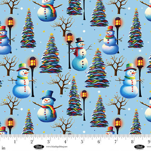 Frostykins Snowmen with Lamposts and Trees Light Blue Ray Heere Blank Quilting Cotton Fabric BQ-4268-70