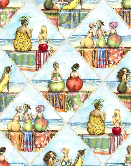 Fruit Ladies Bottom Blue Multi Mary Stewart Elizabeth's Studio Cotton Fabric ES-1517-BLUE | US Fabric Shop