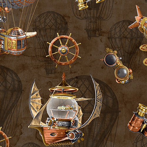Full Steam Ahead Airships Brown Urban Essence Designs Blank Quilting Cotton Fabric