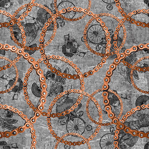 Full Steam Ahead Bike Chains Gray Urban Essence Designs Blank Quilting Cotton Fabric