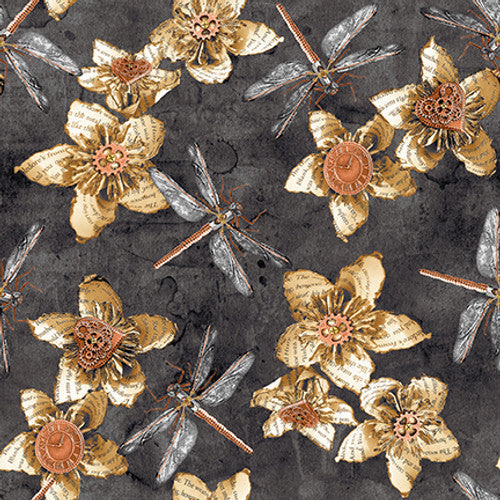 Full Steam Ahead Flowers with Dragonflies Charcoal Black Urban Essence Designs Blank Quilting Cotton Fabric