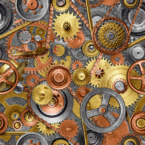 Full Steam Ahead Gears Gray Urban Essence Designs Blank Quilting Cotton Fabric