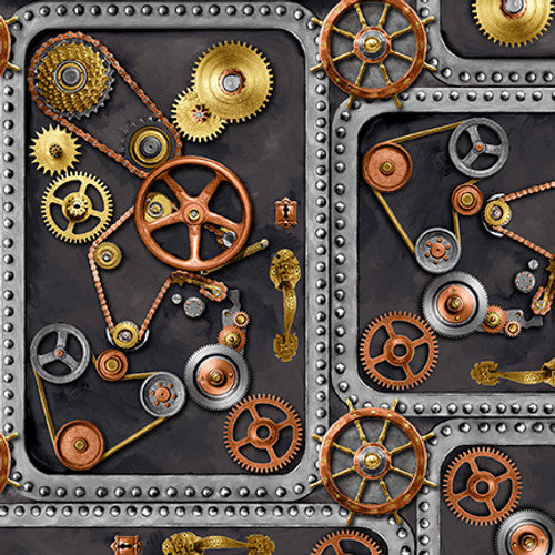 Full Steam Ahead Gears on Doors Charcoal Black Urban Essence Designs Blank Quilting Cotton Fabric