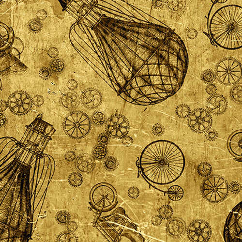 Full Steam Ahead Hot Air Balloons Car & Bicycles Brass Beige Urban Essence Designs Blank Quilting Cotton Fabric