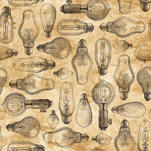 Full Steam Ahead Lightbulbs Parchment Urban Essence Designs Blank Quilting Cotton Fabric