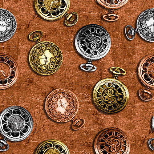 Full Steam Ahead Pocket Watches Copper Brown Urban Essence Designs Blank Quilting Cotton Fabric