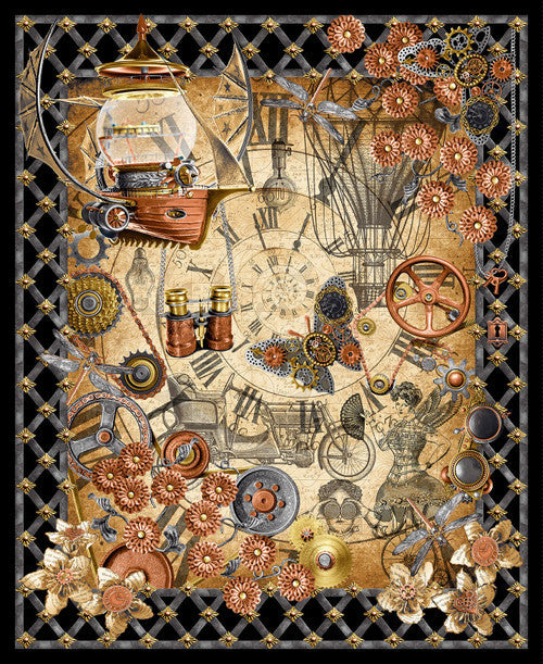 Full Steam Ahead Steampunk Panel 36" Parchment Urban Essence Designs Blank Quilting Cotton Fabric
