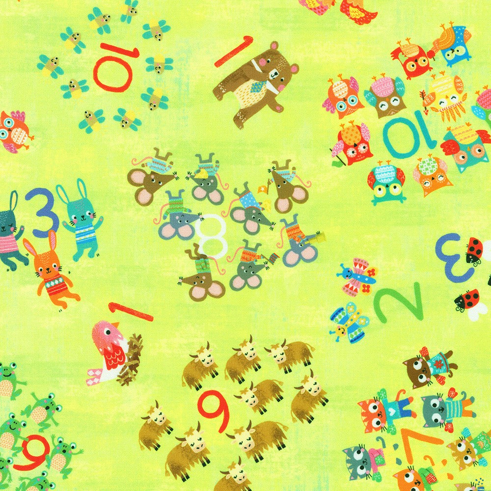 Fun-2-3 Animals Numbers Lime Louise Anglicas Robert Kaufman Cotton Fabric | US Fabric Shop