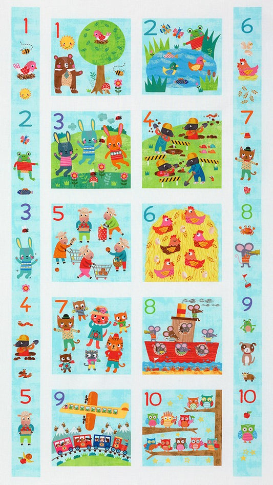 Fun-2-3 Counting Panel 23.5" Aqua Louise Anglicas Robert Kaufman Cotton Fabric