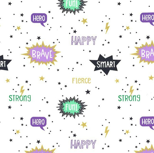 Fun Hero Happy Smart Brave Strong Words White Goals Michael Miller Cotton Fabric
