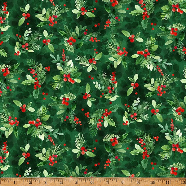 Furever Cheerful Holly Berries Allover Pine Green Hoffman Cotton Fabric