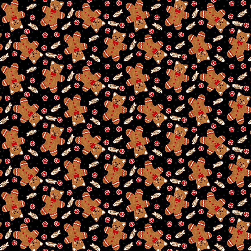 Furry and Bright Ginger Cat Cookie Black Kayomi Harai Studio E Cotton Fabric