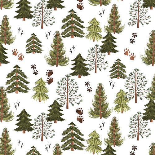 Forest Critters Forest Trees with Animal Paw Prints Ivory White Laura Konyndyk Blank Quilting Cotton Fabric