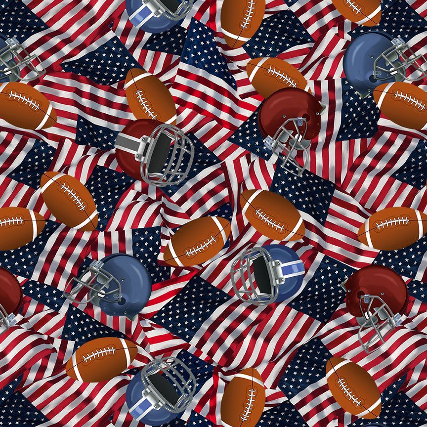 Game Day Football Helmets and USA Flag Gail Cadden Timeless Treasures Cotton Fabric