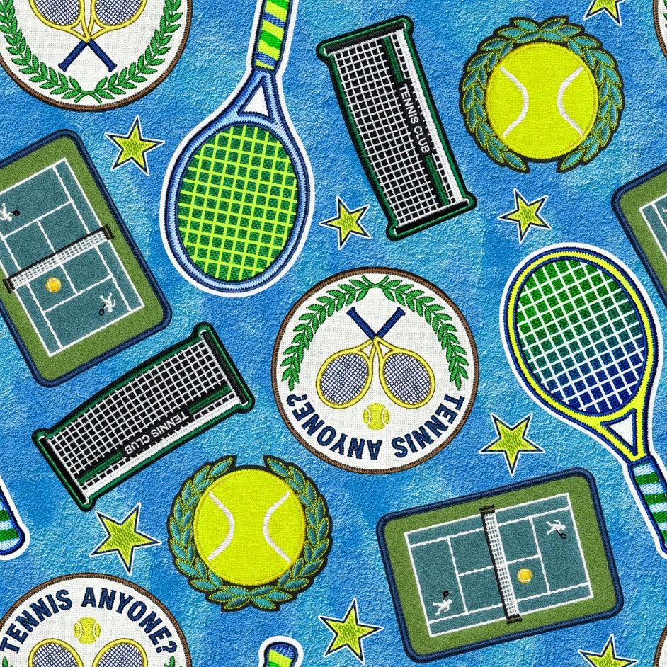 Game On Tennis Patches Blue Sykel Enterprises Cotton Fabric SYK-10557-TENN