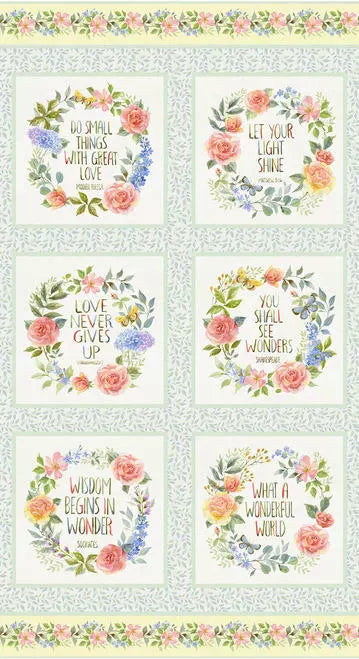 Garden Inspirations Floral Words of Encouragement Blocks Panel  24" Blue Henry Glass Cotton Fabric