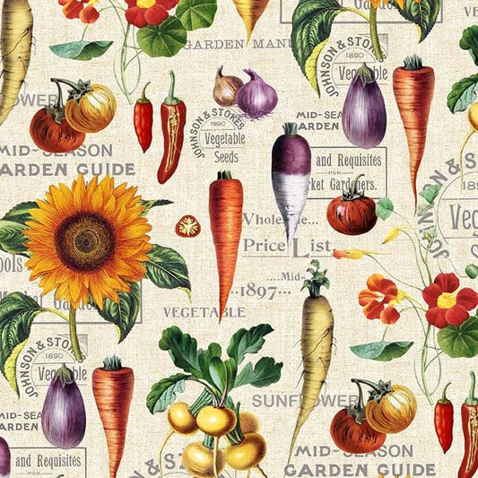 Garden Variety Garden Guide Fresh Veggies and Flowers Cream Michael Miller Cotton Fabric