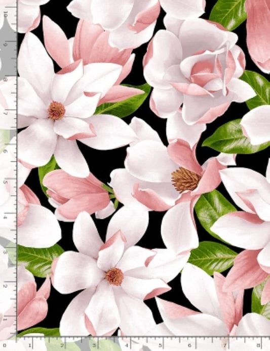 Garden Bouquet Pink Magnolias Black Timeless Treasures Cotton Fabric