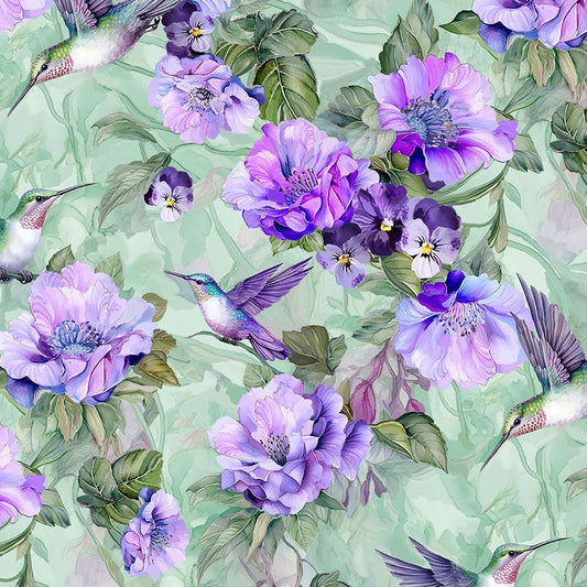Garden Delight Hummingbirds Floral Sage Timeless Treasures Cotton Fabric  TT-FLEUR-CD3500-SAGE
