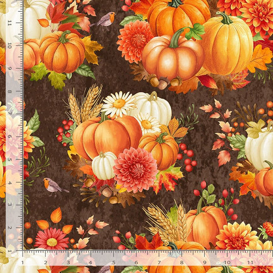 Gather with a Grateful Heart Pumpkin Floral Bouquet Brown Timeless Treasures Cotton Fabric TT-HARVEST-CD3512-BROWN