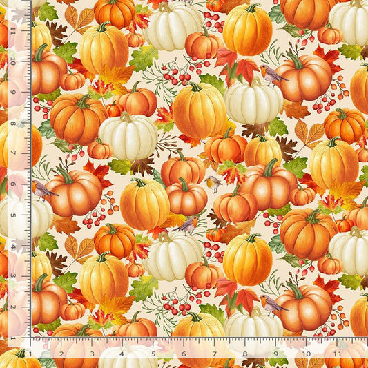 Gather with a Grateful Heart Pumpkin on Leaves Cream Timeless Treasures Cotton Fabric TT-HARVEST-CD3516-CREAM