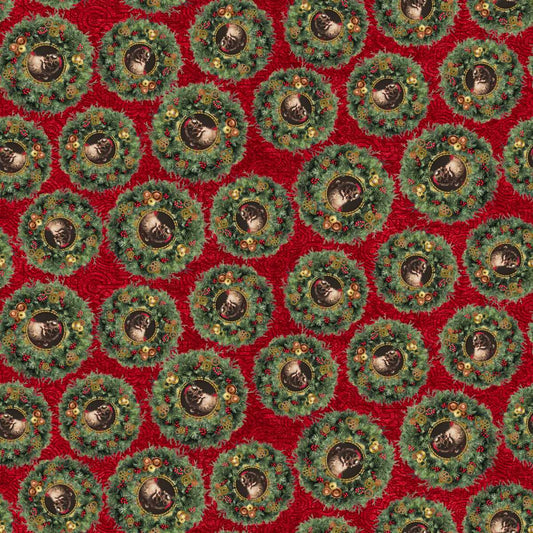 Gears & Garland Christmas Wreaths with Santa Red Urban Essence Blank Cotton Fabric BQ-4821-88