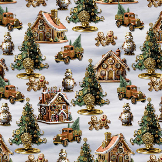 Gears & Garland Gingerbread Houses Snowmen Christmas Trees Light Gray Urban Essence Blank Cotton Fabric BQ-4820-90