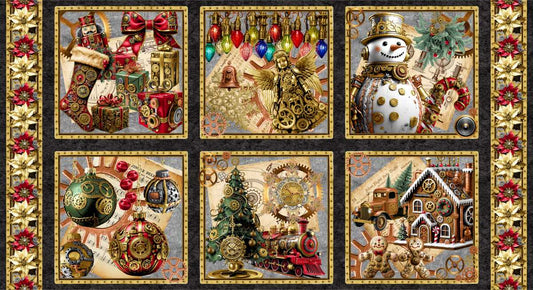 Gears & Garland Steampunk Blocks 24" Black Urban Essence Blank Cotton Fabric BQ-4830B-99