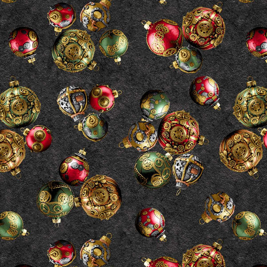 Gears & Garland Steampunk Christmas Ornaments Black Urban Essence Blank Cotton Fabric BQ-4823-99