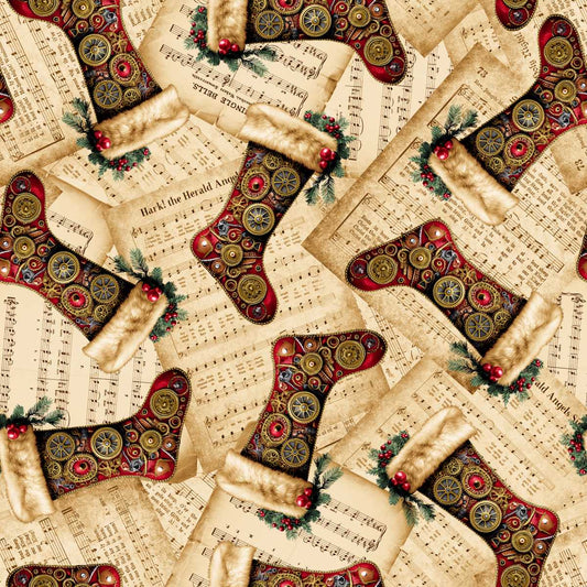 Gears & Garland Steampunk Christmas Sheet Music Stockings Parchment Beige Urban Essence Blank Cotton Fabric BQ-4818-41