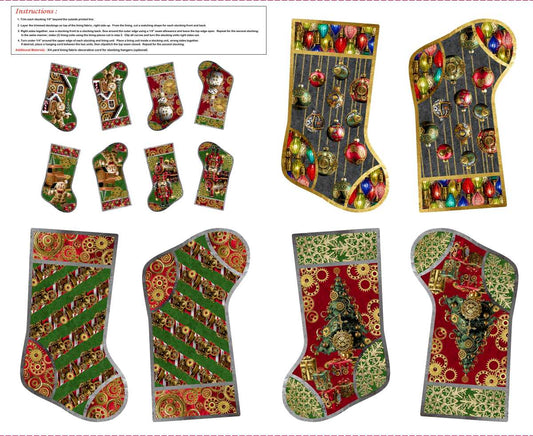 Gears & Garland Steampunk Christmas Stockings Panel 36" Urban Essence Blank Cotton Fabric BQ-4832P-88