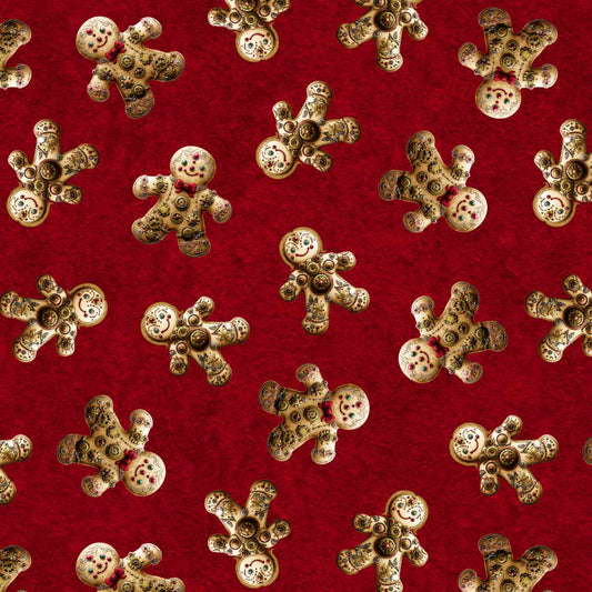Gears & Garland Steampunk Gingerbread Men Red Urban Essence Blank Cotton Fabric BQ-4827-88