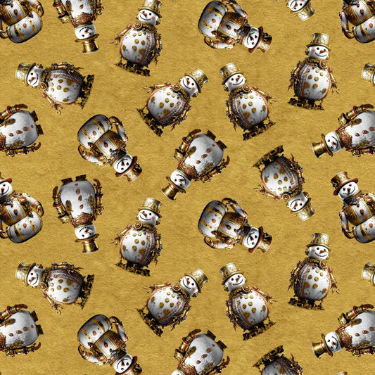Gears & Garland Steampunk Snowmen Gold Urban Essence Blank Cotton Fabric BQ-4822-30