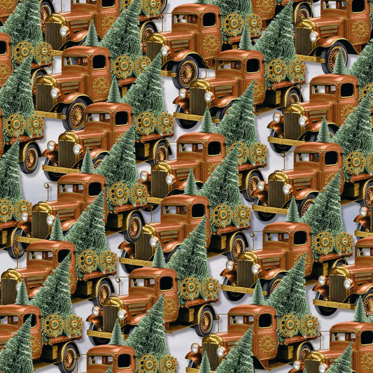Gears & Garland Steampunk Truck with Christmas Tree Copper Brown Urban Essence Blank Cotton Fabric BQ-4828-35