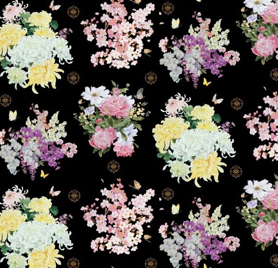 Geiko Floral allover Black Elizabeth's Studio Cotton Fabric | US Fabric Shop