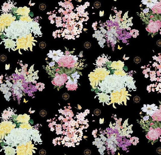 Geiko Floral allover Black  Elizabeth's Studio Cotton Fabric