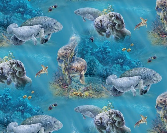 Gentle Giants Manatees swimming sea Elizabeth's Studio Quilting Cotton Fabric