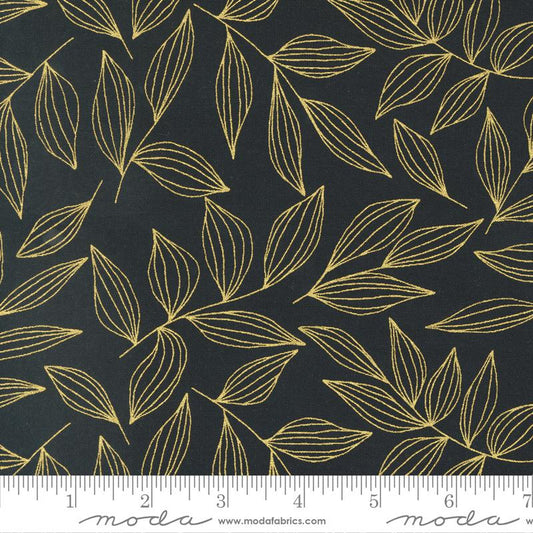 Gilded Leaves Blenders Leaf Ink Black Gold Metallic Alli K Moda Cotton Fabric