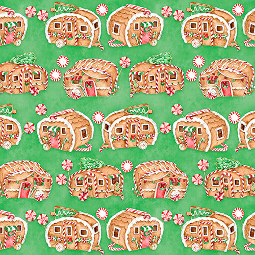 Gingerneering Campers Dozen Green Katie Yost 3 Wishes Cotton Fabric