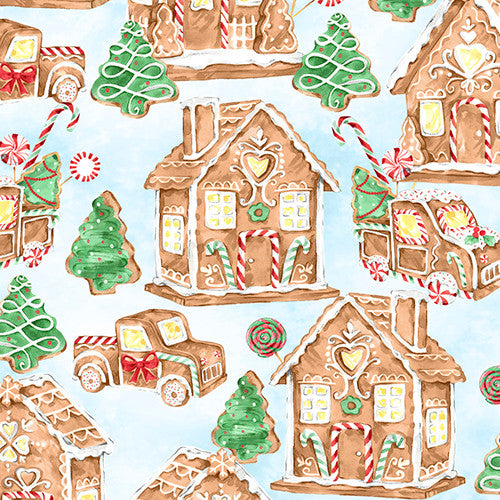 Gingerneering Gingerbread Village Blue Katie Yost 3 Wishes Cotton Fabric