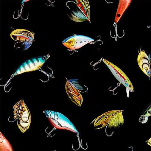 Girls Gone Fishing Bait and Tackle Black Michael Miller Cotton Fabric | US Fabric Shop