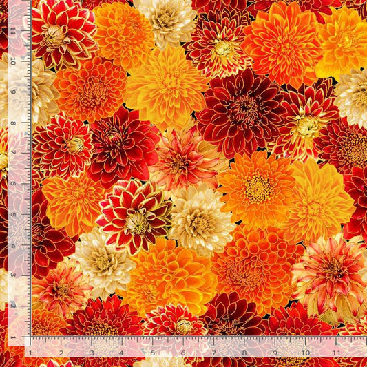 Give Thanks Chrysanthemum Mix Mums Orange Red Metallic Timeless Treasures Cotton Fabric TT-HARVEST-CM4133-MUMS