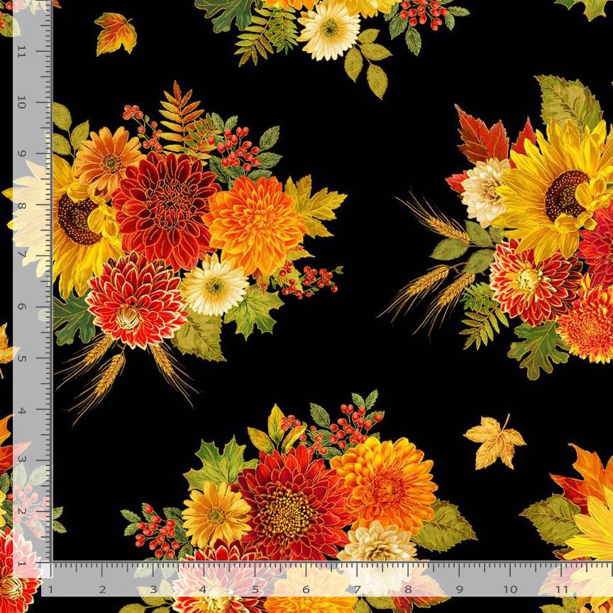 Give Thanks Harvest Bouquets Black Metallic Timeless Treasures Cotton Fabric TT-HARVEST-CM4132-BLACK