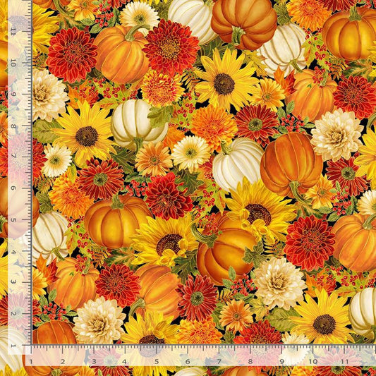 Give Thanks Harvest Floral & Pumpkin Autumn Orange Metallic Timeless Treasures Cotton Fabric TT-HARVEST-CM4134-AUTUMN